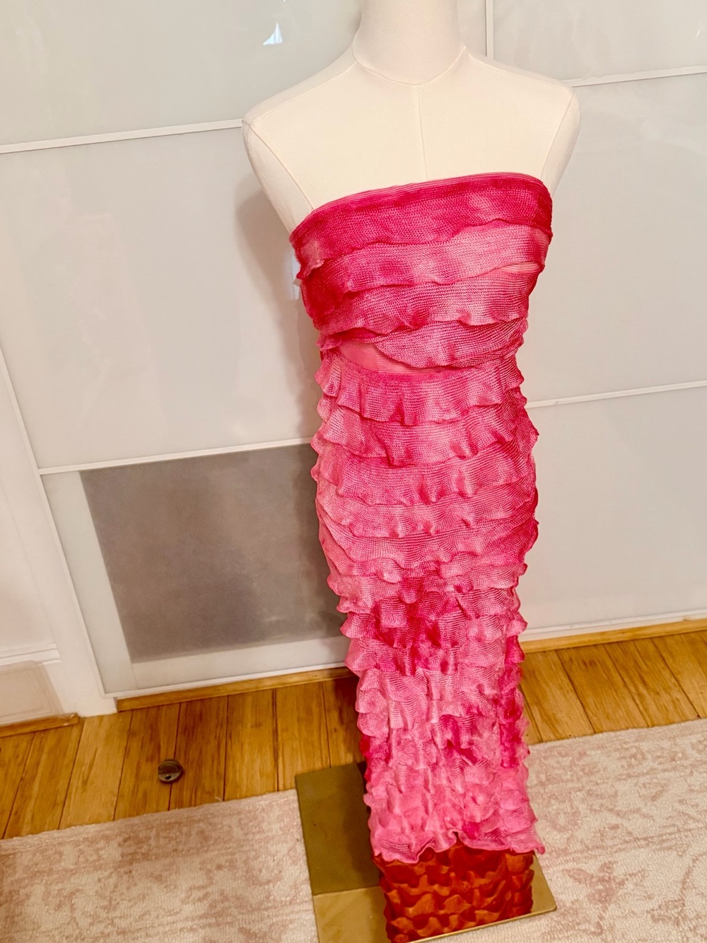 PrettyLittleThing Pink Strapless Ruffle Maxi Dress